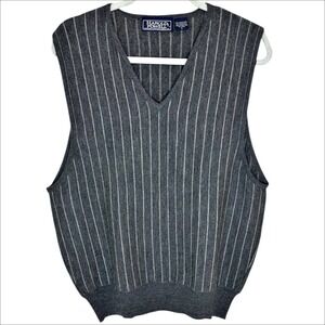 Harold Powell Sweater Vest Men L Gray Stripe Merino Wool Knit V-Neck VTG 80s 90s